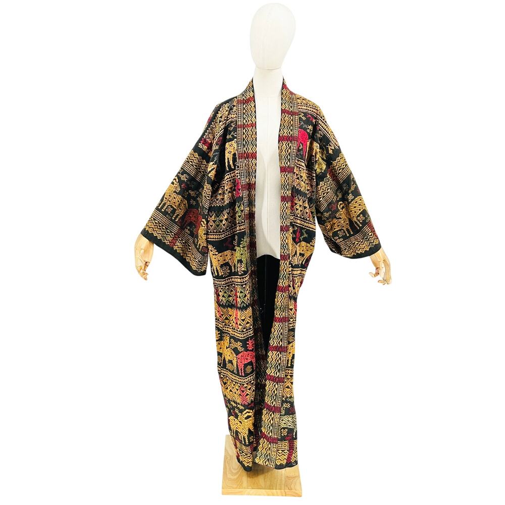 Vintage Handmade Black Multi Animal Embroidered Thai Artistry Maxi Robe